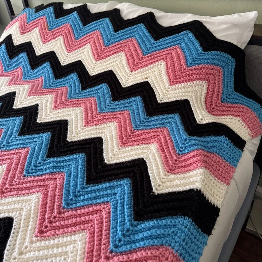 Handmade Crochet Afghan Blanket Chevron Ripple Pink Blue Black 80x132 Throw XL